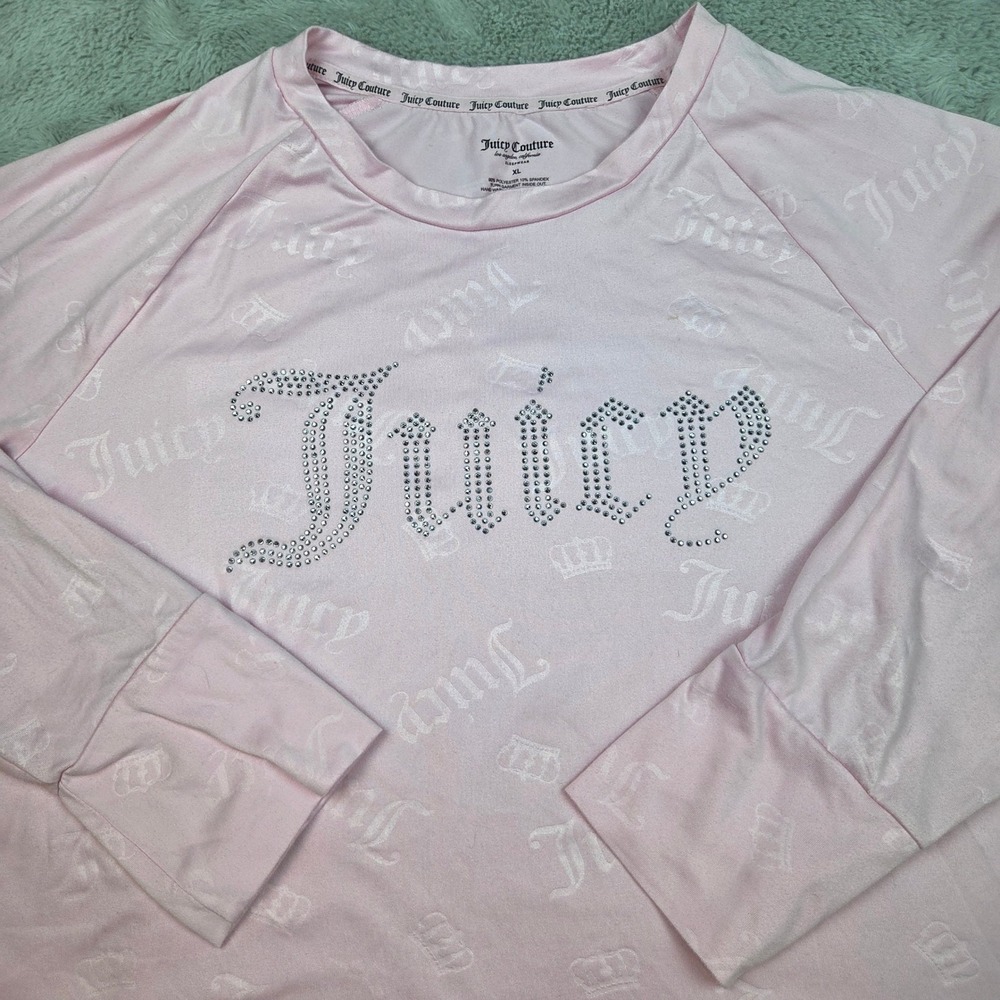 Juicy Couture Lounge Top Women XL Rhinestone Logo Raglan Pajama Shirt Light Pink